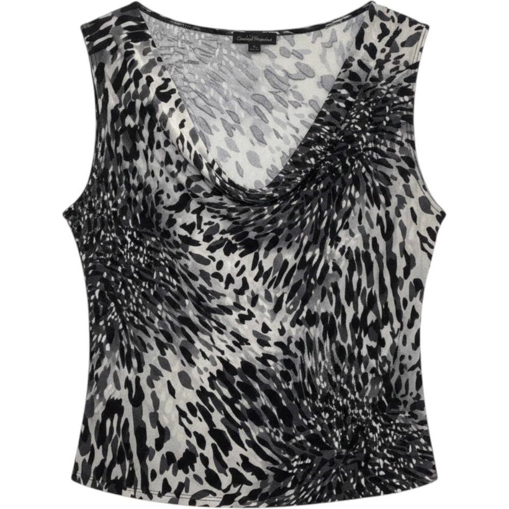 Abstract Animal Print Mobwife Cowl Neck Top Grey Black Petite XL Made in USA